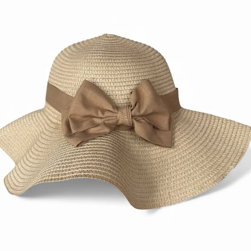 Beige Wide Brim Straw Hat with Bow